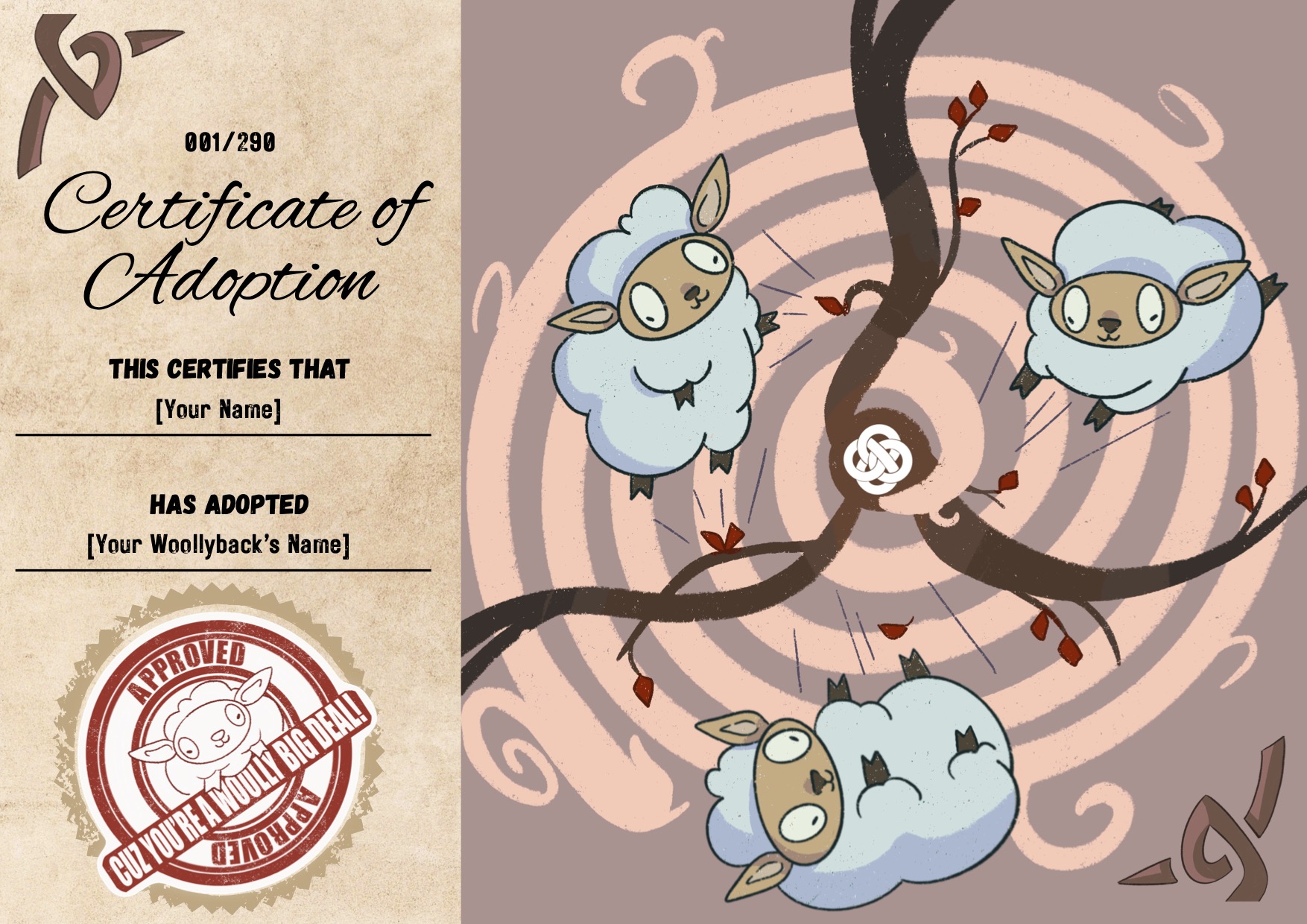 Illustrated Woollyback adoption certificate, serialized and matched to your Woollyback